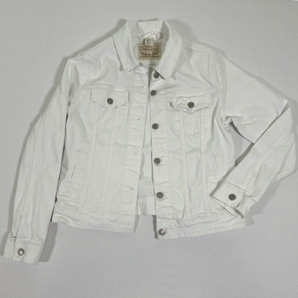 Levis Womens White Denim Trucker Jacket Large Stretch Cotton 77306-0004